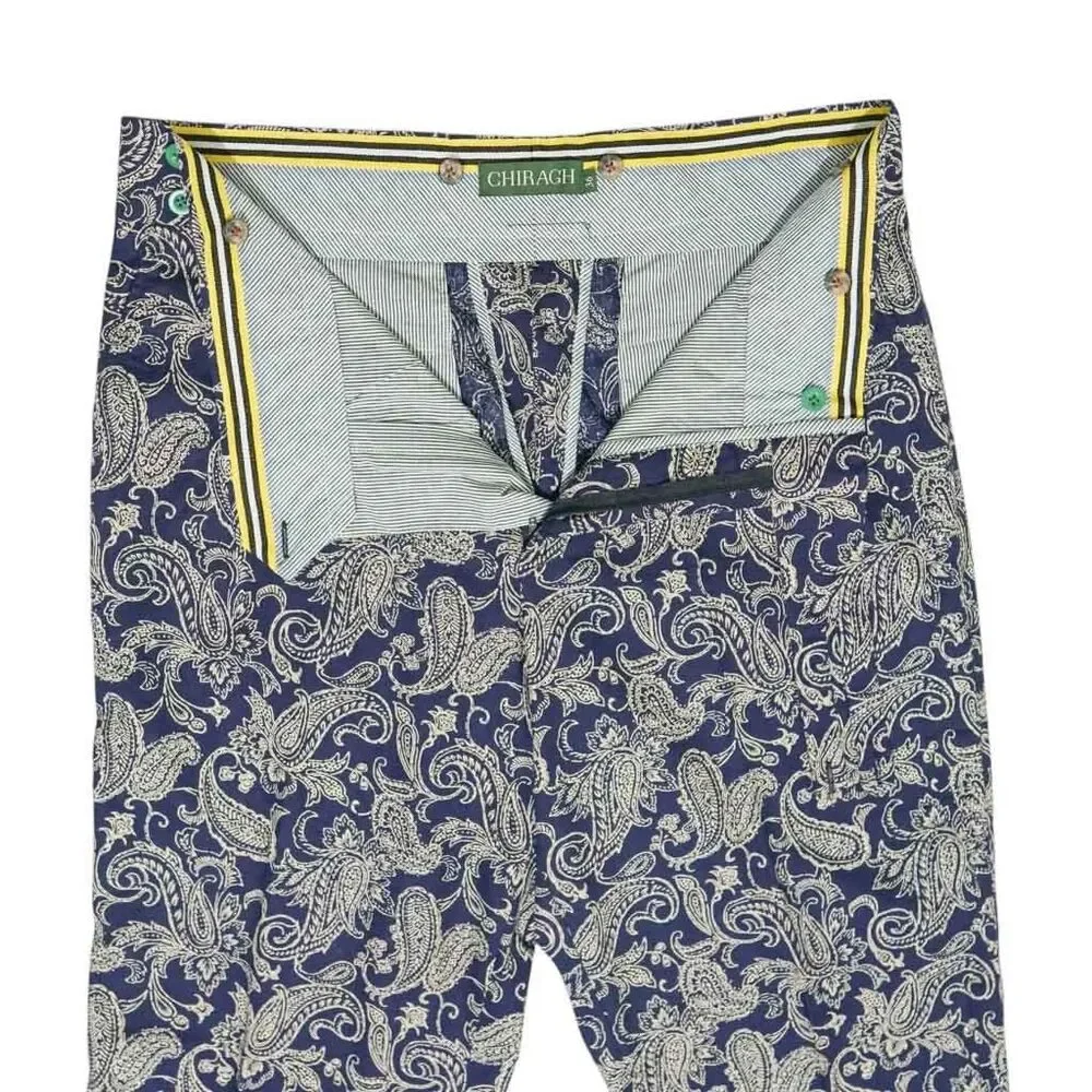 Mens Gurkha Pants 36 Blue Beige Paisley Chino Trousers Straight Fit Flat Front